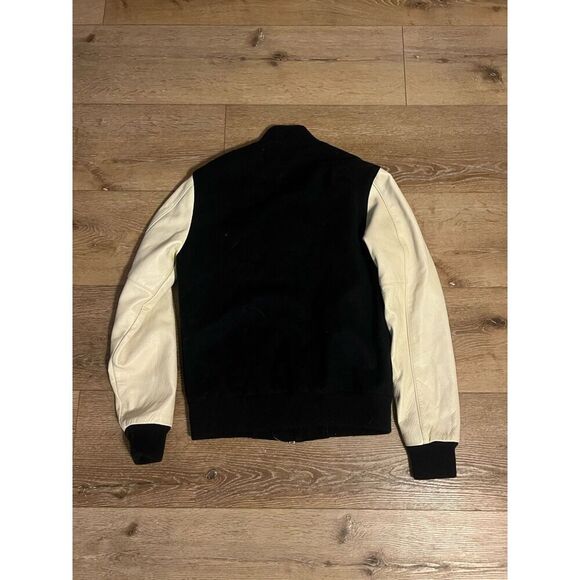 Outclass Varsity Jacket in Navy Wool & Beige Leather Size Small - Picture 2 of 3